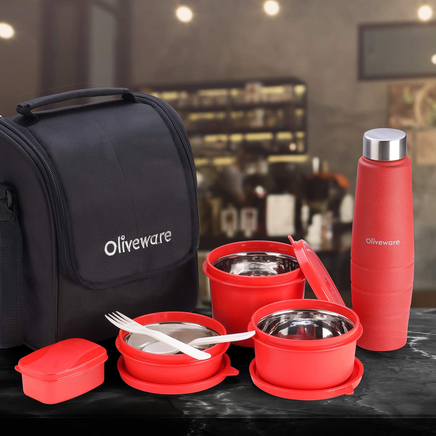 Oliveware Teso Lunch Box with Bottle - Red | 3 Stainless Steel ...