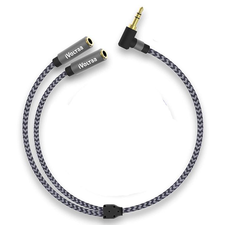 iVoltaa Metal Braided Aux (Auxiliary) to 2X Female Aux Audio Splitter Cable - Space Grey