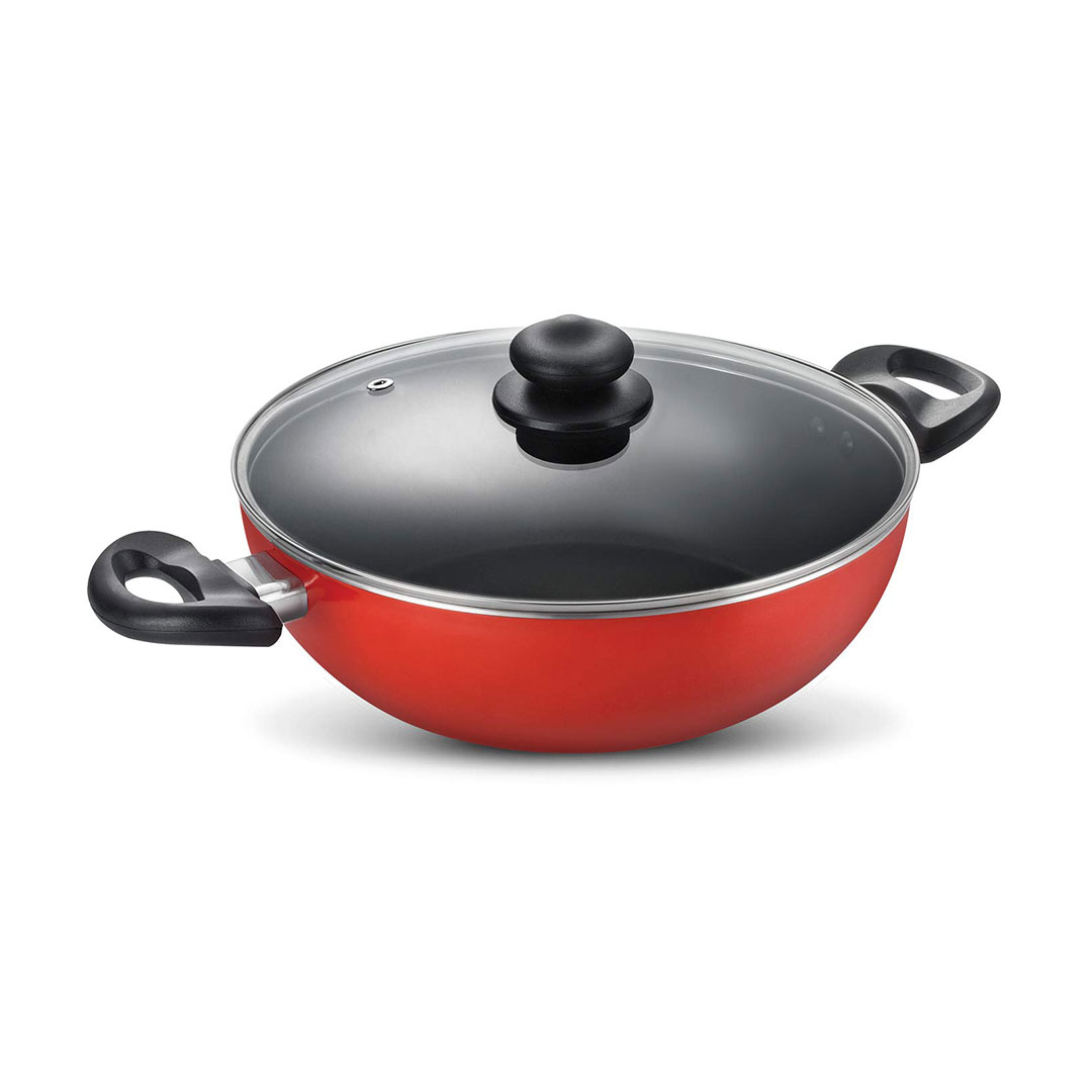 Judge Deluxe Non-Stick Deep Kadai with Lid 300 mm, Red