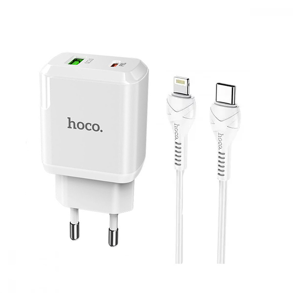 Hoco N5 Favor Dual Port PD20W+QC3.0 Charger Set (Type-C to Lightning Type-C) | Black & White