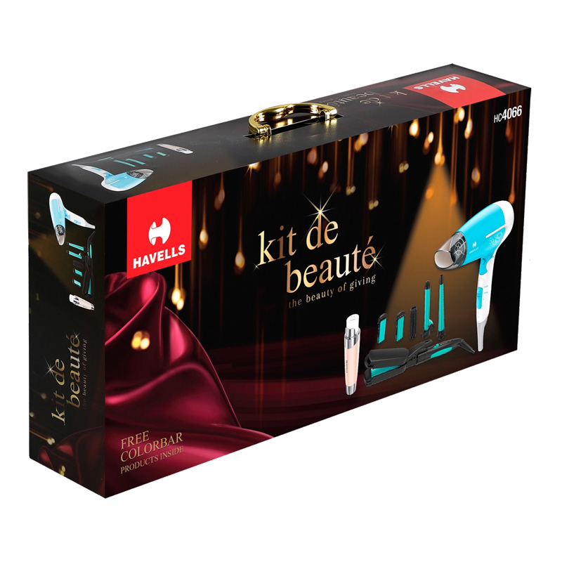 Havells Kit De Beauté | HC4066, Includes Straightener, Crimper, Brush Comb, Hair Curler, Hair Dryer, Cosmetics (Primer, Eyeliner, Nail-Polish, Lipstick)
