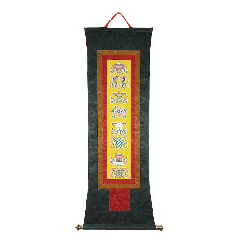 Tashi Tagye | The Eight Auspicious Signs Thangka on Backdrop Yellow with Green Borders & Backdrop Orange with Black Borders