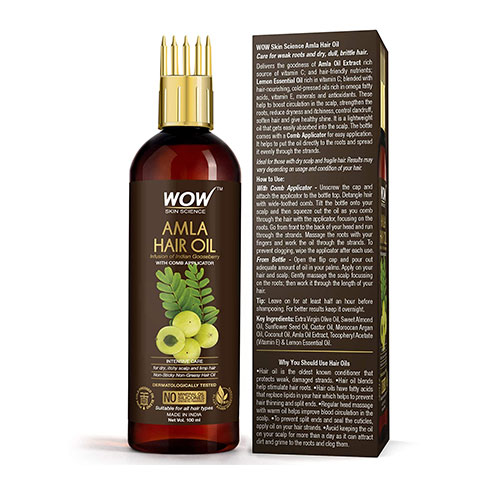 Wow Skin Science Amla Hair Oil - Pure Cold Pressed Indian Gooseberry Oil - Intensive Hair Care - With Comb Applicator | 200ML