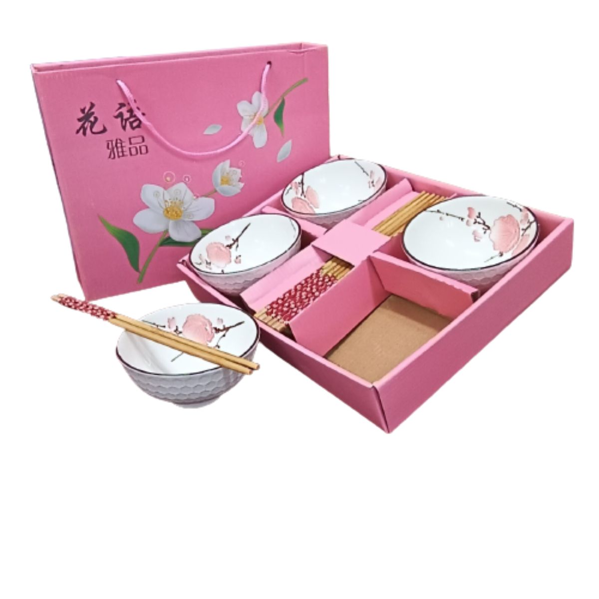Tableware Set Gift Box with Rice Bowls And Chopsticks - 4Pcs - Pink