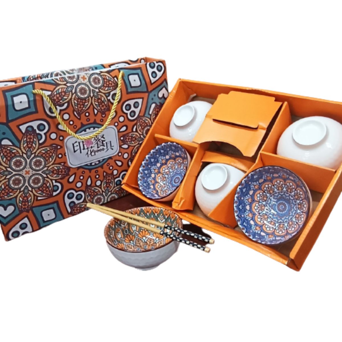 Tableware Set Gift Box with Rice Bowls And Chopsticks - 6Pcs - Orange