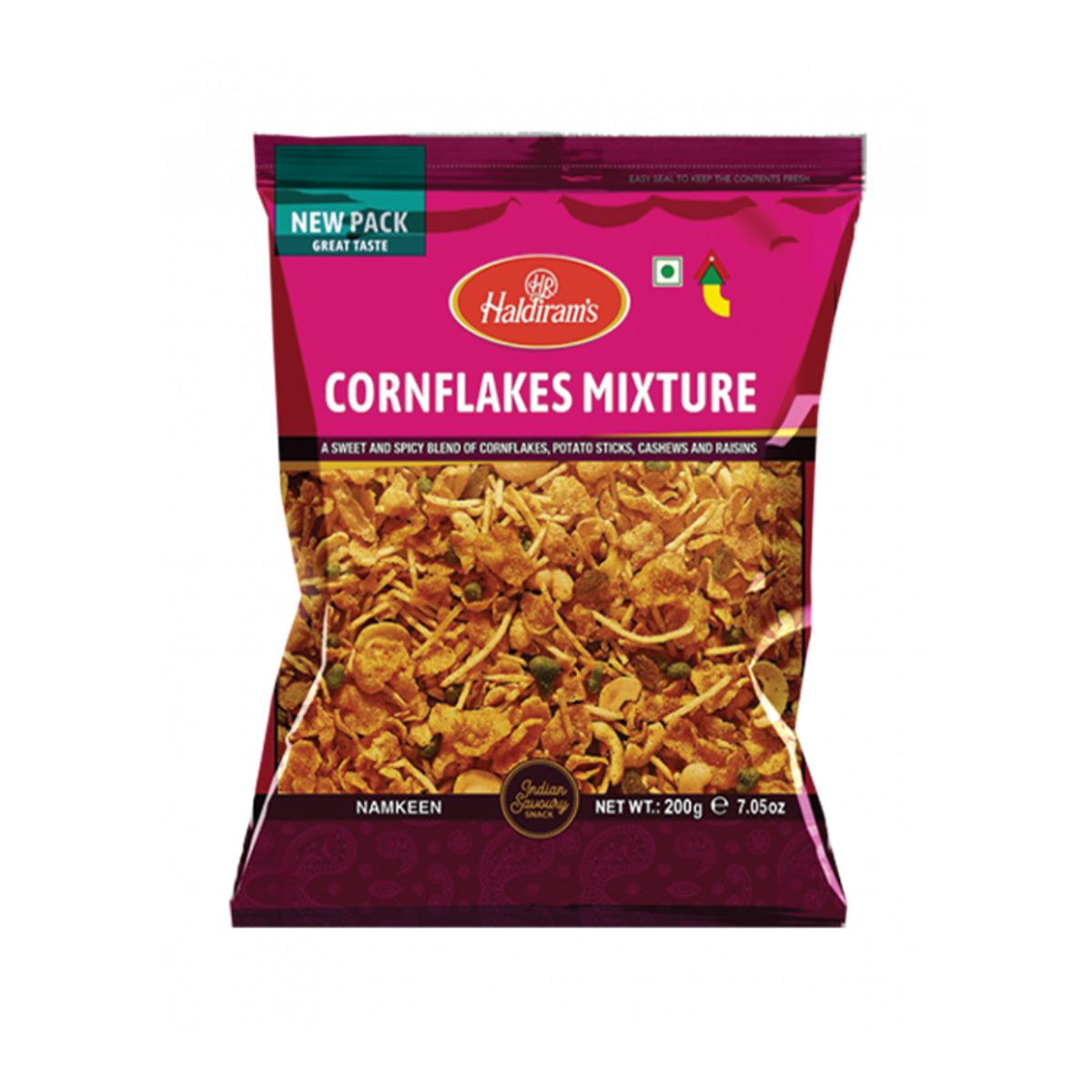 Haldiram's Cornflakes Mixture - A Sweet And Spicy Blend Of Cornflakes, Potato Sticks, Cashews And Raisins - 200g