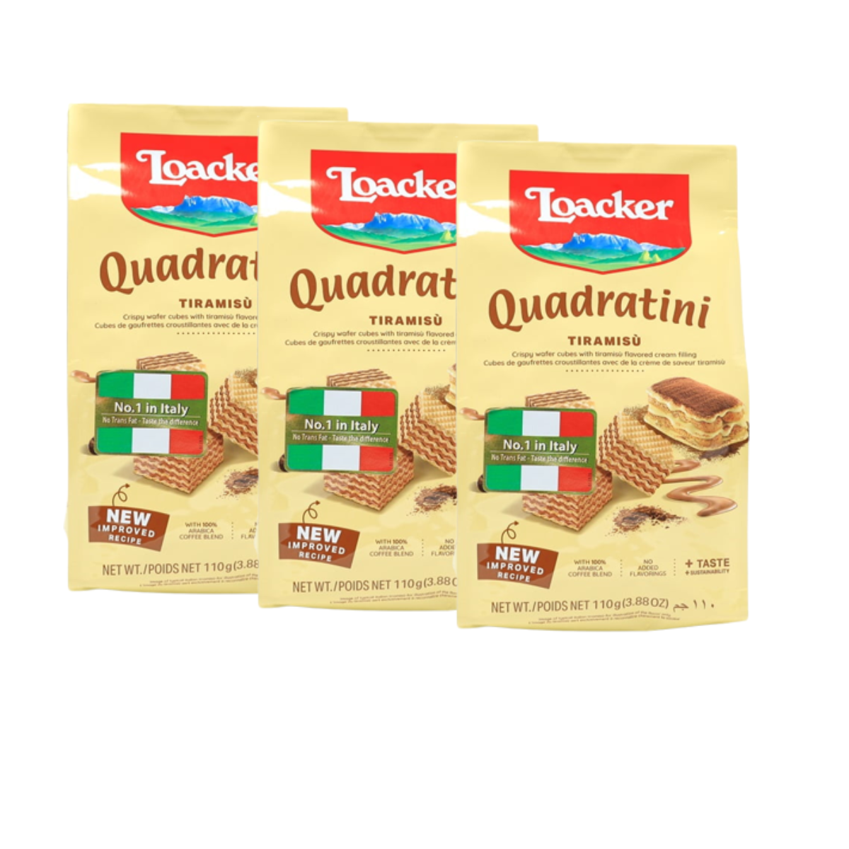Loacker Quadratini Tiramisu - Crispy Wafer Cubes - 110g X 18 Pkts - Wholesale