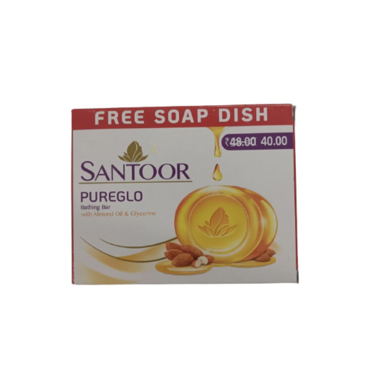 Santoor Pureglo Bathing Bar With Almond Oil & Glycerine - Free Soap Dish