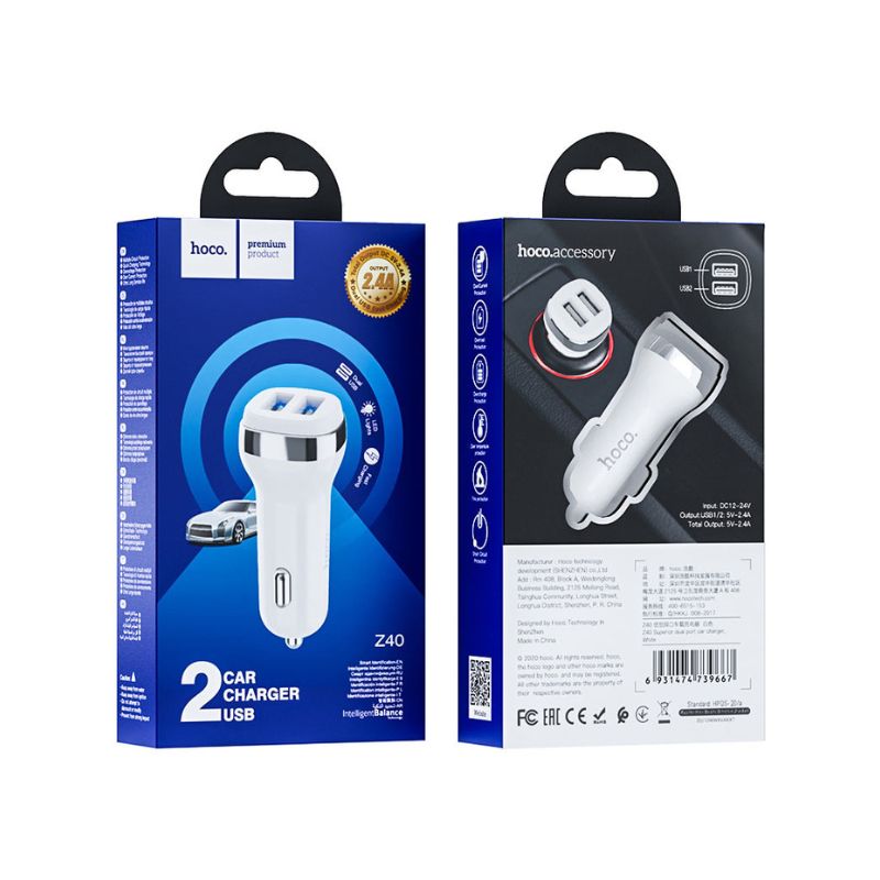 Hoco Z40 Dual Car Charger USB - White