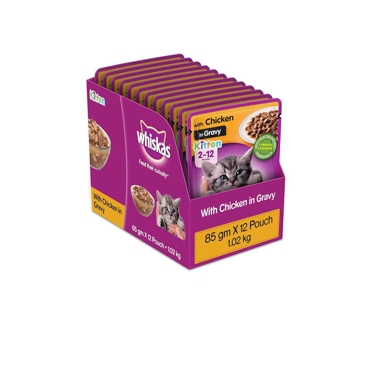 Whiskas Kitten Food for Cat ( 2 - 12 Months ) Chicken in Gravy Flavor, 12 Pouches ( 12 x 85g )