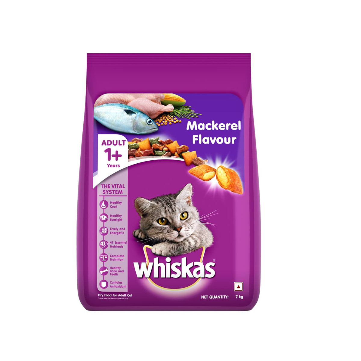 Whiskas Adult ( 1+ Year ) Mackerel Flavor, Dry Cat Food - 7kg Pack