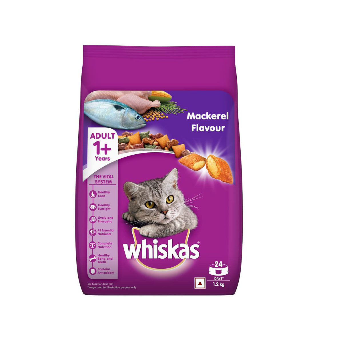 Whiskas Adult ( 1+ Year ) Mackerel Flavor, Dry Cat Food - 1.2kg Pack