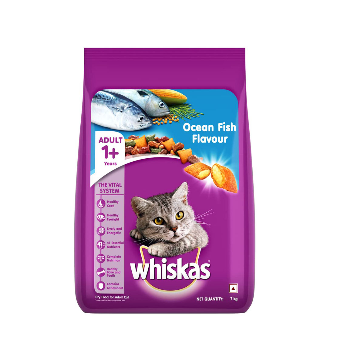 Whiskas Adult ( 1+ Years ) Dry Cat Food, Ocean Fish Flavor - 7kg Pack