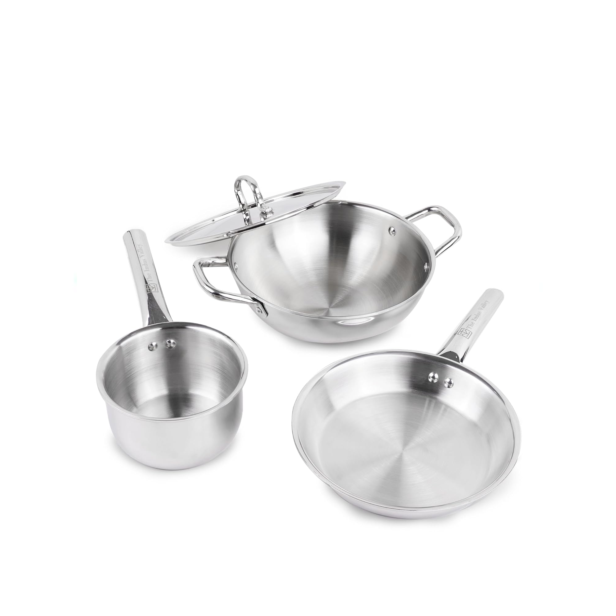 The Indus Valley Triply Stainless Steel Cookware Set - Kadai - Fry Pan - Sauce Pan - Kitchen Cooking Combo Pots & Pans Set of 4Pcs