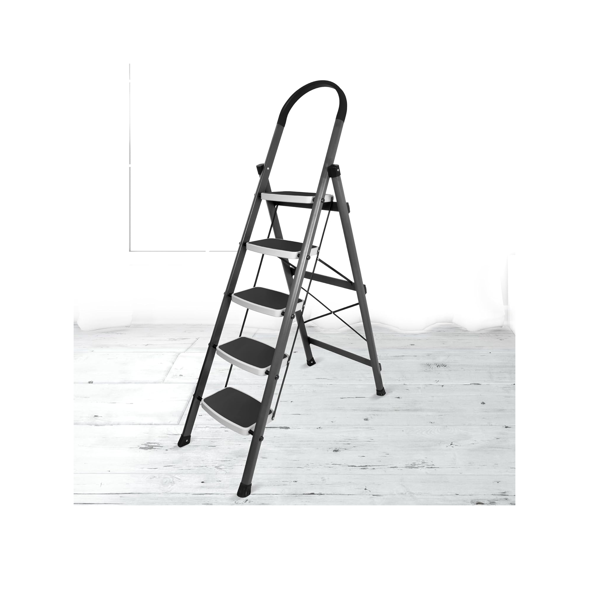 Plantex 5 Step Ladder - Foldable Steel - Wide Anti Skid Steps (Gray & White)