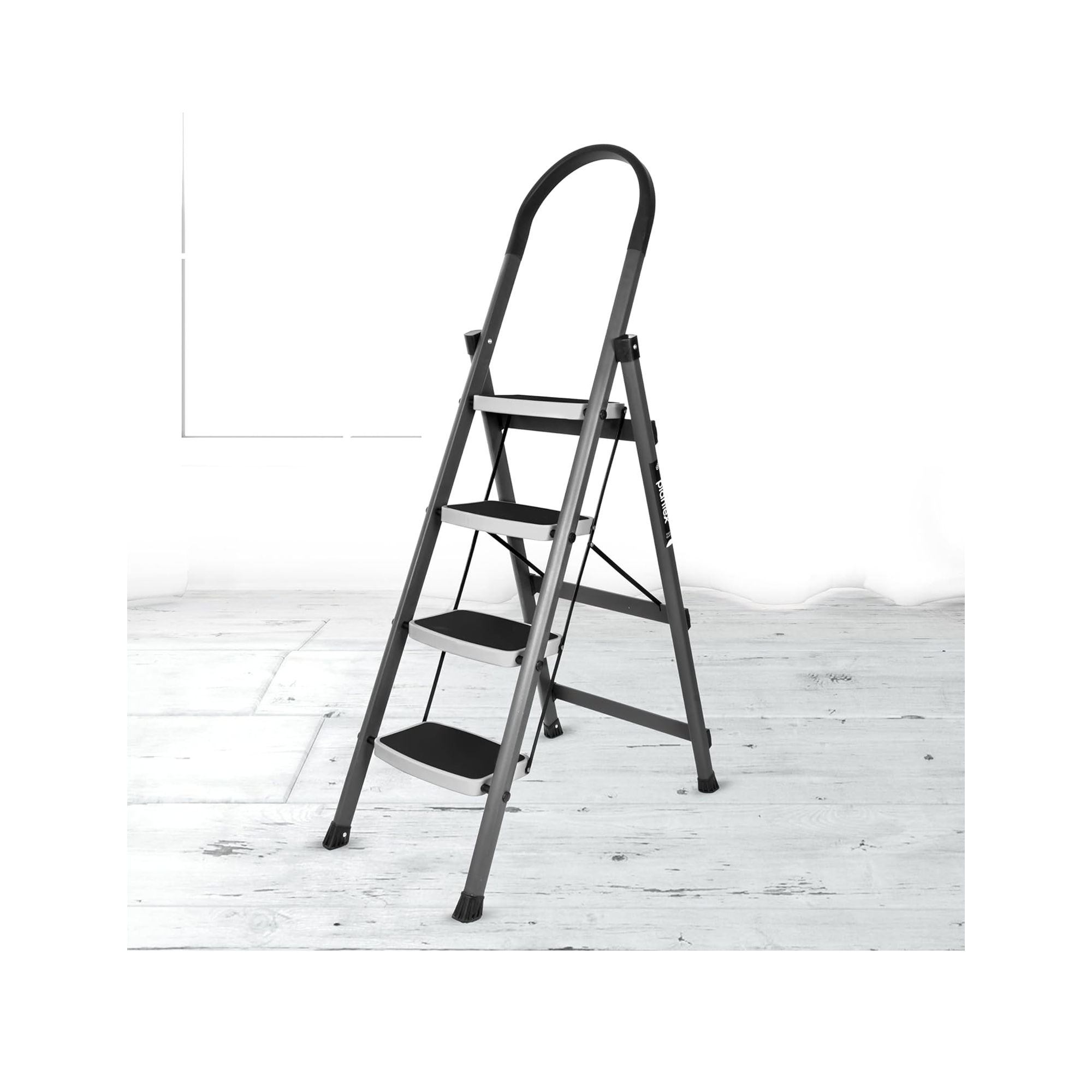 Plantex 4 Step Ladder - Foldable Steel - Wide Anti Skid Steps (Gray & White)