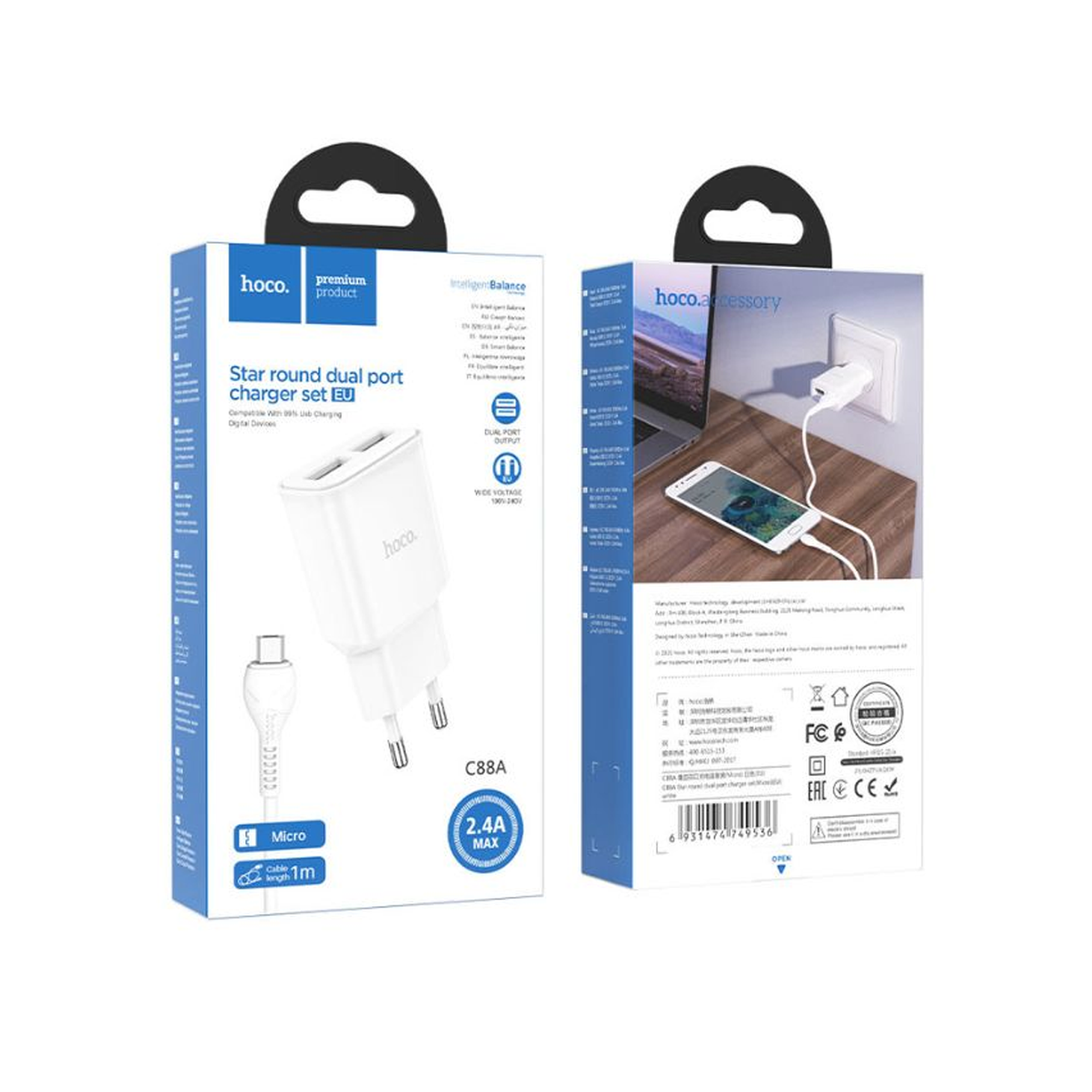 Hoco Star Round Dual Port Charger Set EU - C884 - Micro USB - White