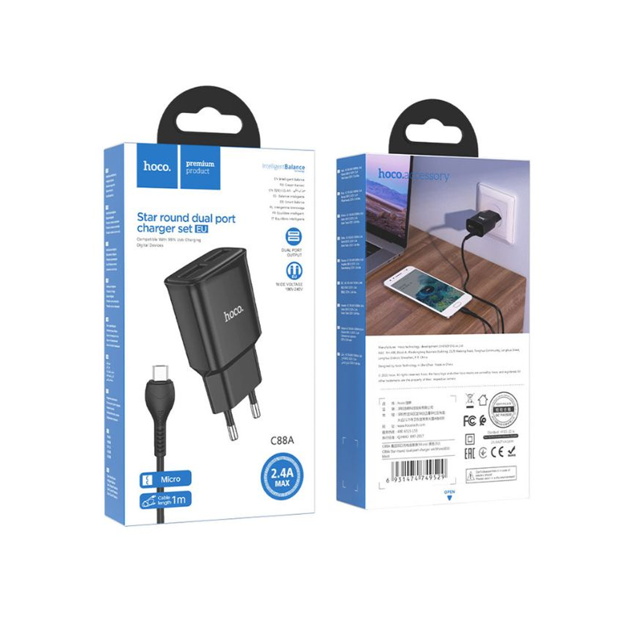 Hoco Star Round Dual Port Charger Set EU - C884 - Micro USB - Black