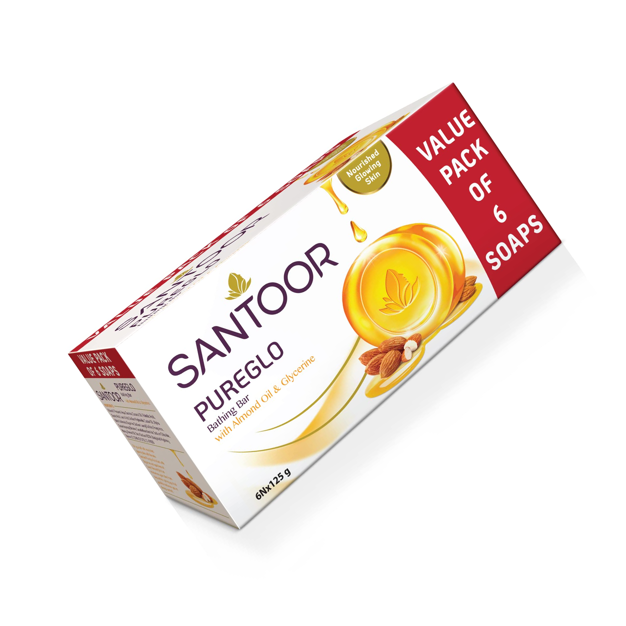 Santoor Pureglo Bathing Bar With Almond Oil & Glycerine - Free Soap Dish