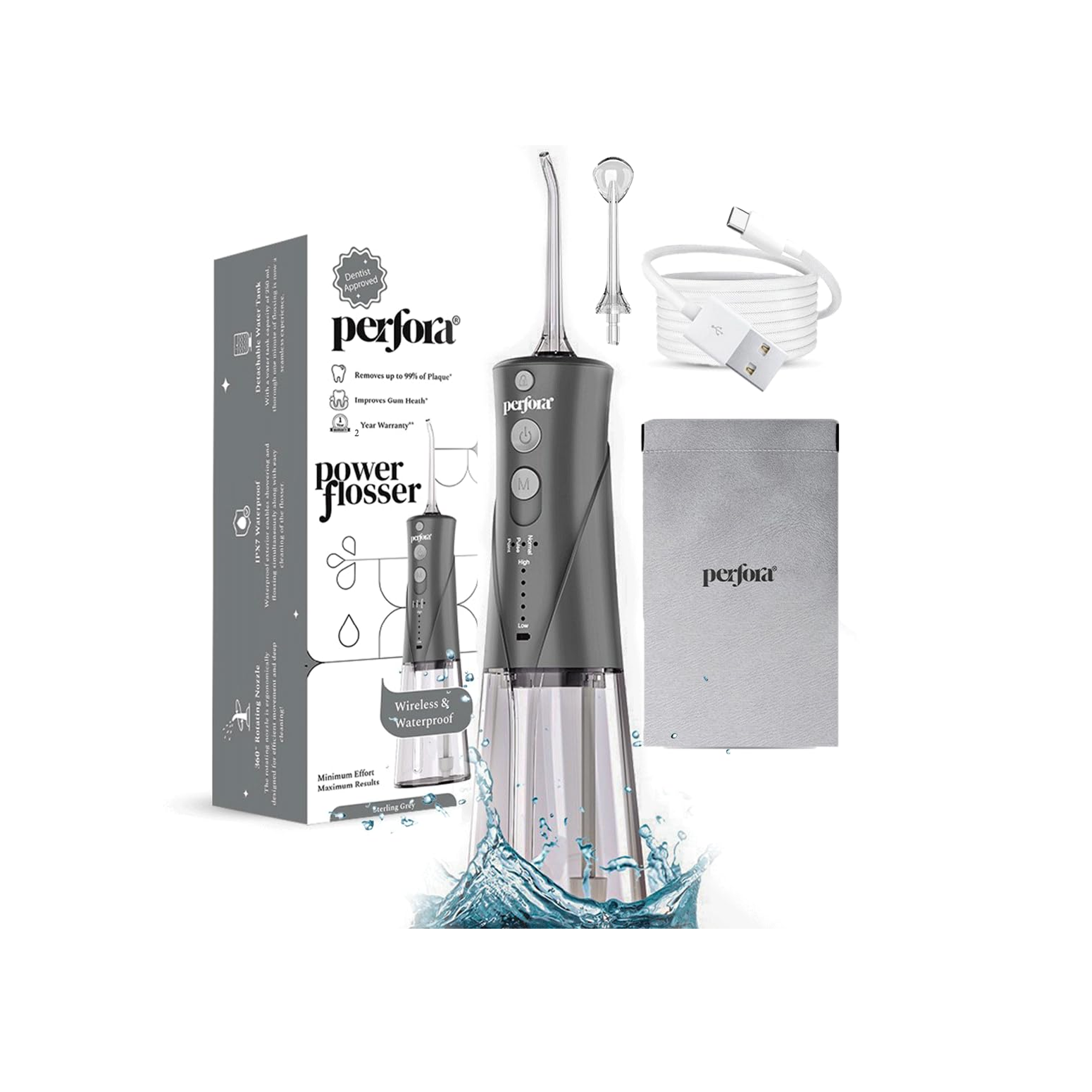 Perfora Rechargeable Power Water Dental Flosser - Tank Capacity with Custom 8 Water Pressure Settings & 2 Nozzles - 300ml