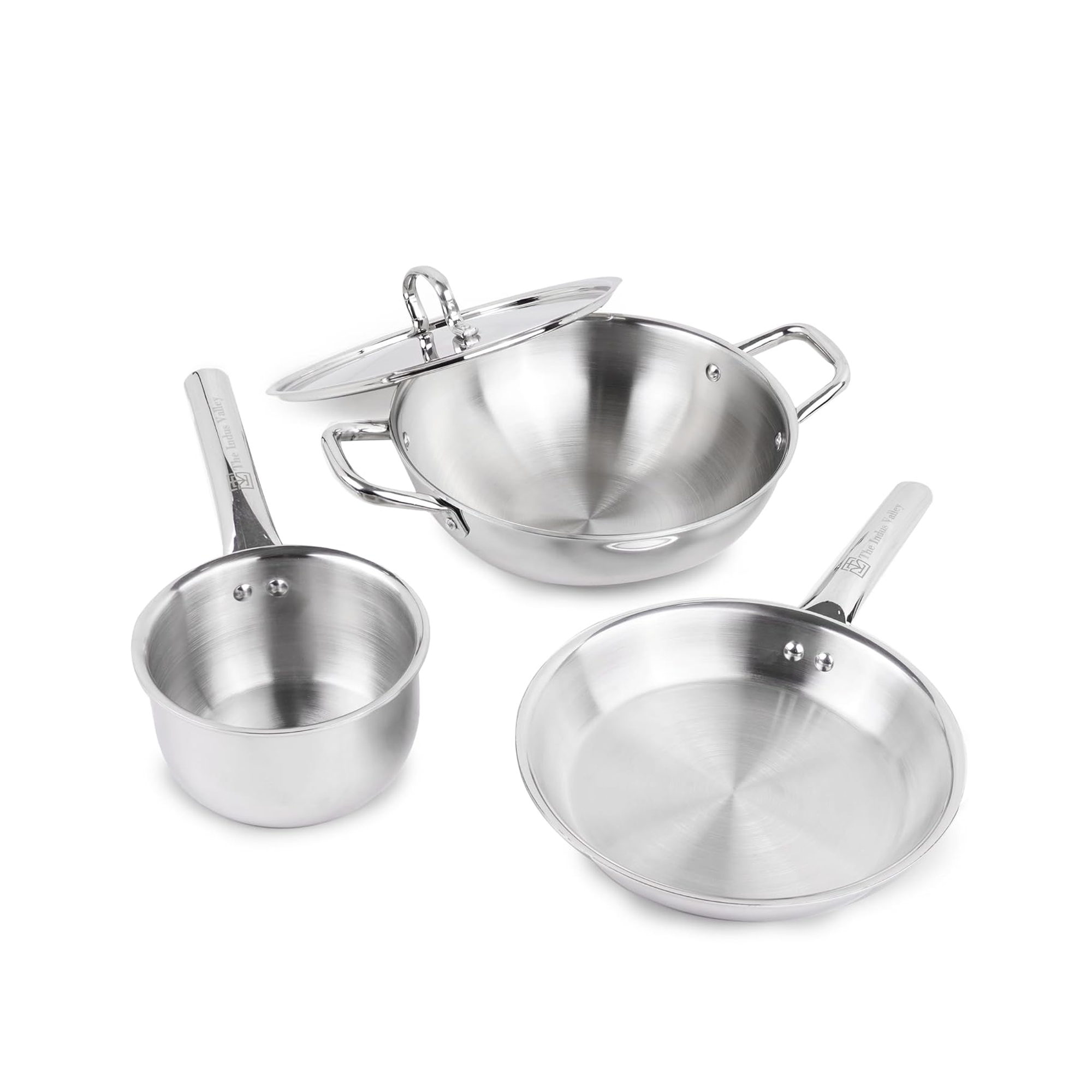 The Indus Valley Triply Stainless Steel Cookware Set - Kadai - Fry Pan - Sauce Pan - Kitchen Cooking Combo Pots & Pans Set of 4Pcs