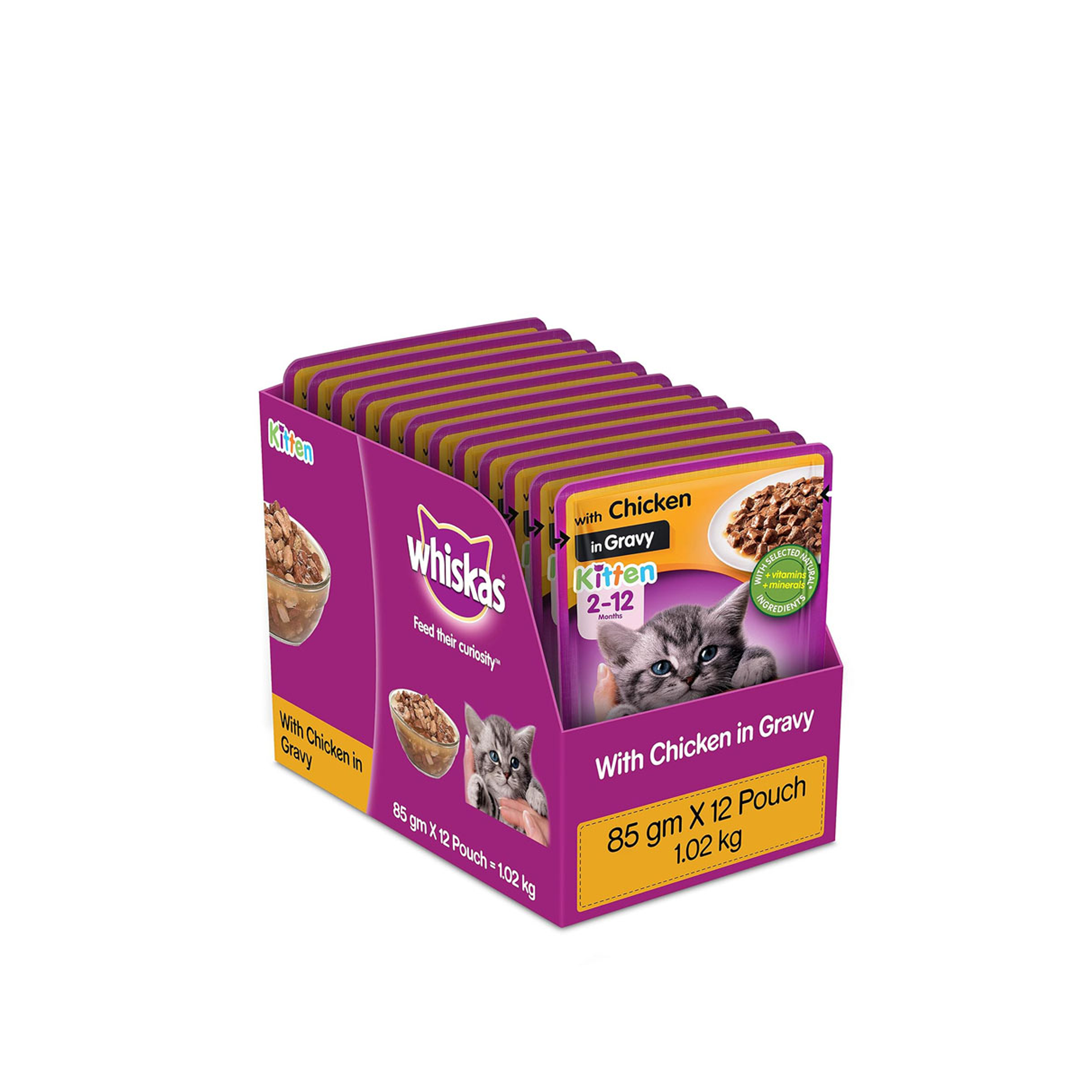 Whiskas Kitten Food for Cat ( 2 - 12 Months ) Chicken in Gravy Flavor, 12 Pouches ( 12 x 85g )