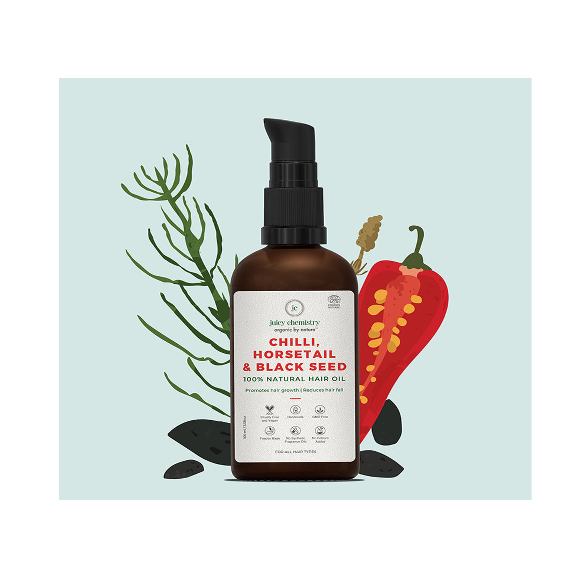 Juicy Chemistry Chilli, Horsetail & Black Seed Organic Hair Serum - Promotes Hair Growth & Reduces Hair Fall - 100ml