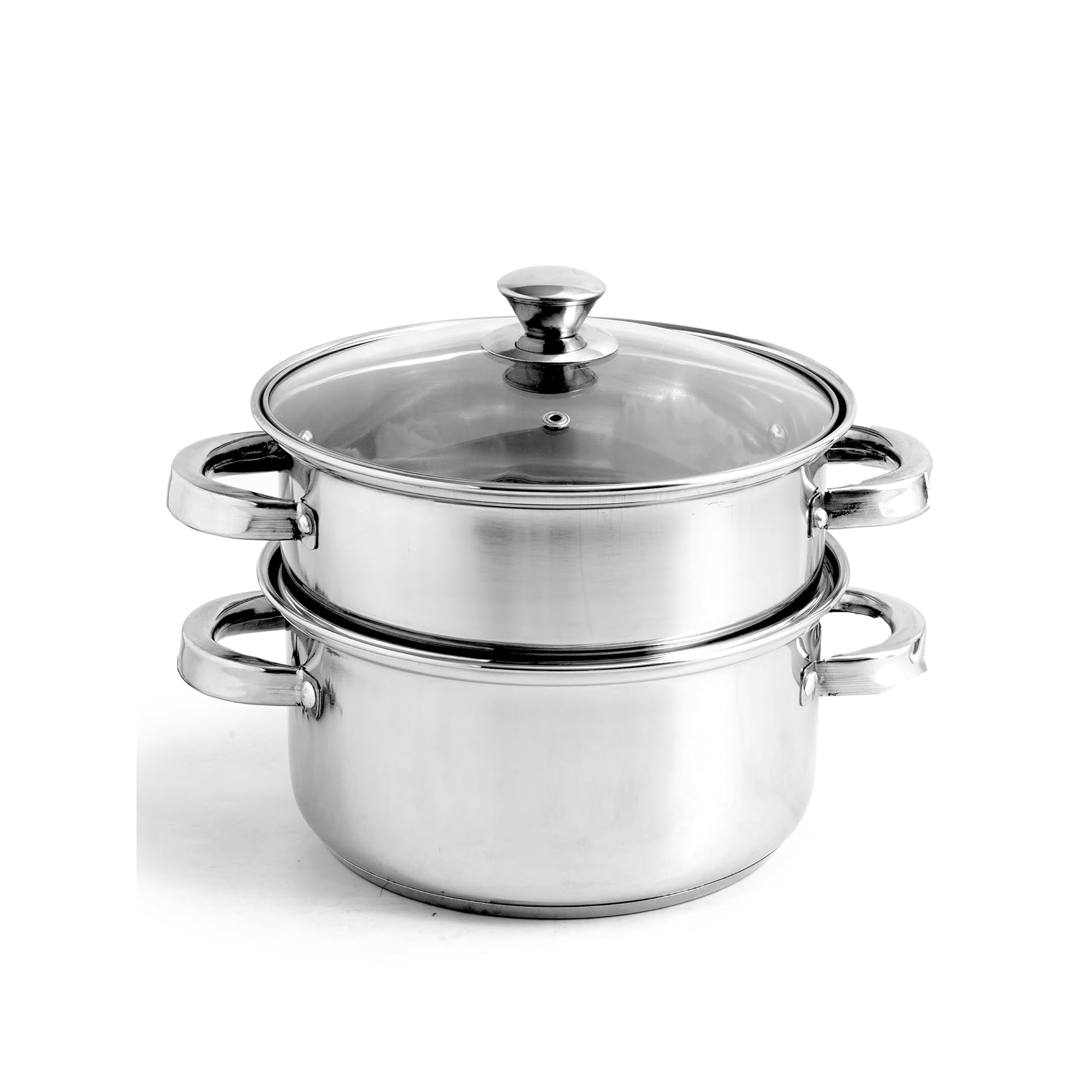 The Indus Valley Stainless Steel Steamer 2 Tier With Glass Lid - Momo Maker Veggies Steamer - Gas & Induction 21cm 1.4kg