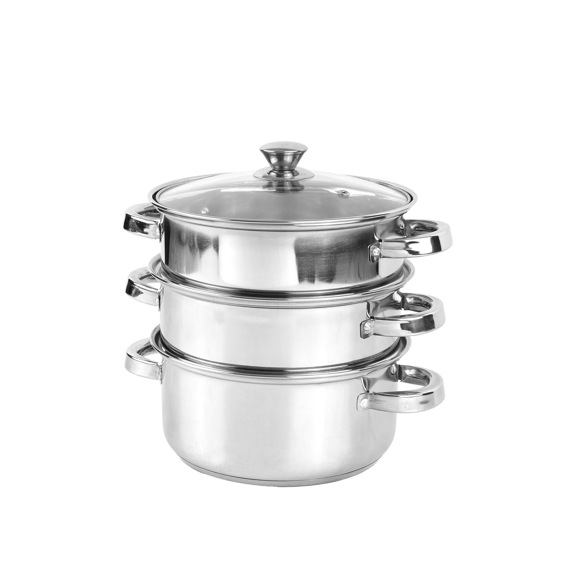 The Indus Valley Stainless Steel Steamer 3 Tier With Glass Lid - Momo Maker Veggies Steamer - Gas & Induction 21cm 1.9kg