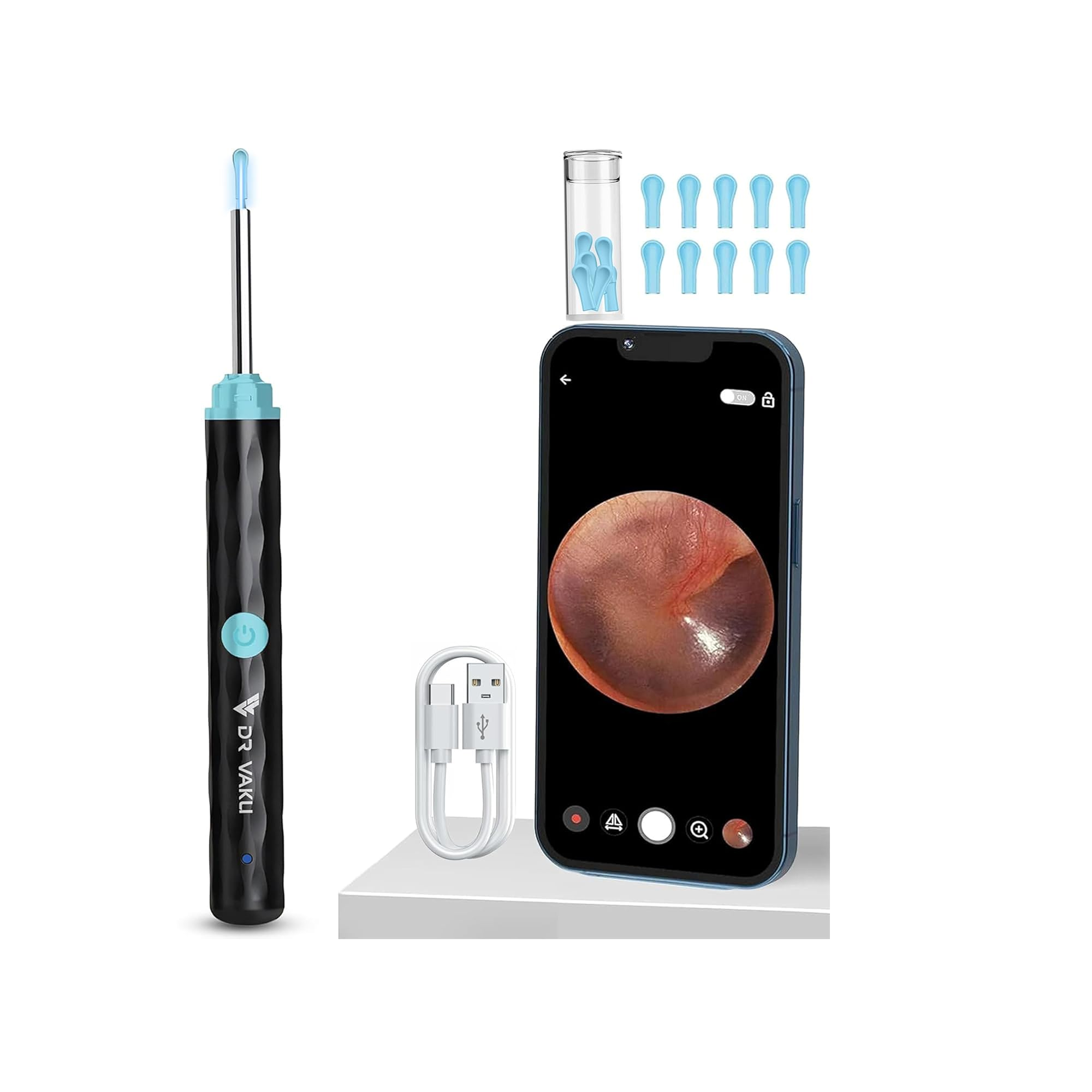 Dr Vaku® Earocam Earwax Removal Tool Kit With HD Camera & Wifi Connection ( 6 LED Lights For IOS & Android + 11 Silicone Tips Free )